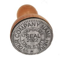 Wood corporate seal hand stamp presses a round image of custom LLC, Corporation, or Non Profit company details. Classic structure.