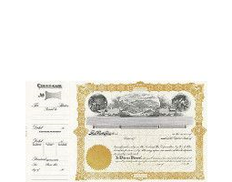 Beautiful, long form stock certificates represent claims on ownership for mining company shareholders.