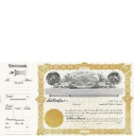 Beautiful, long form stock certificates represent claims on ownership for mining company shareholders. Custom printed with unique details given at incorporation.