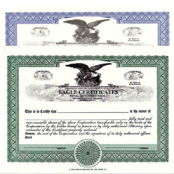 Formalize each shared record your company sells. Get custom Stock Certificates online. We print and ship. Distribute. Elegant eagle design by business supplies specialists Mark's Corpex.