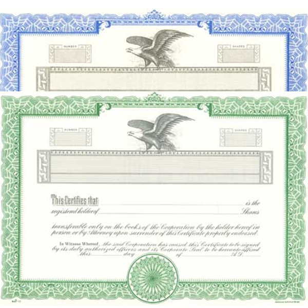 Formalize each shared record your company sells. Order blank Stock Certificates online. We print and ship templates. You fill out. Distribute. Left-facing, Eagle insignia.
