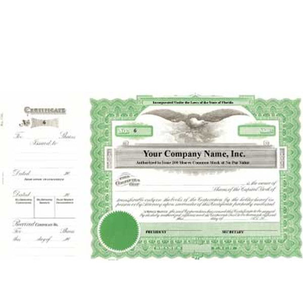 Need certificates with shares each and capital text? An invested team of business professionals will print long form templates with a green border to include your company's unique info.