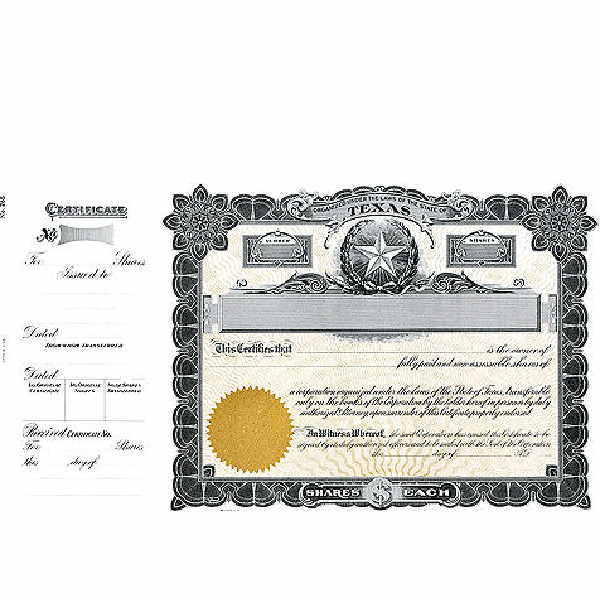 Incorporate in Texas? Formalize each shared record your company sells. Get custom Stock Certificates online. We'll print and ship. Distribute beautifully lithographed paper objects by Goes.