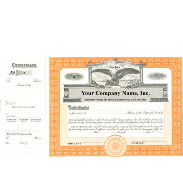 Need stock certificates with capital text? An invested team of business professionals will print, long form templates with an orange border to include your company's unique info.