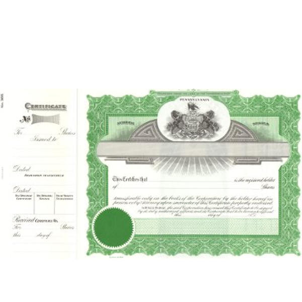 Incorporate in Pennsylvania? Formalize each shared record your company sells. Order certificates online. We ship blank, paper templates for distribution. Beautifully lithographed, state specific series by Goes.