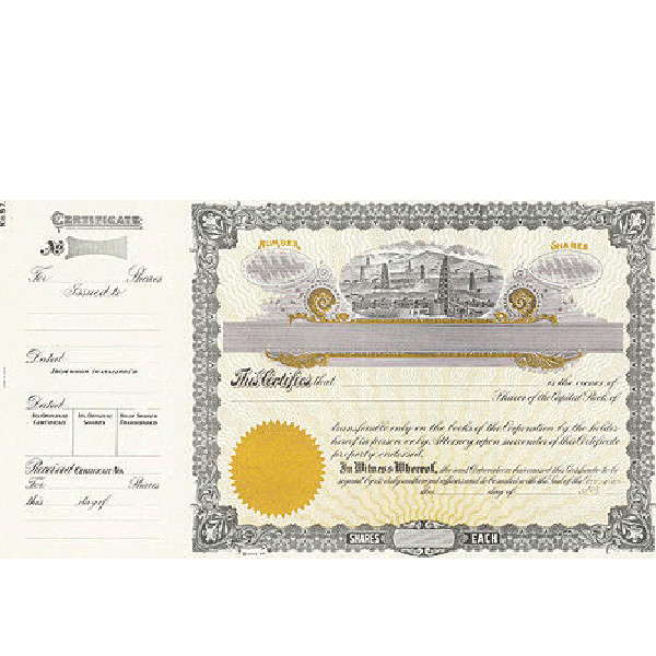 Beautiful, long form stock certificates represent claims on ownership for oil business shareholders. Custom printed to include all relevant corporate details.