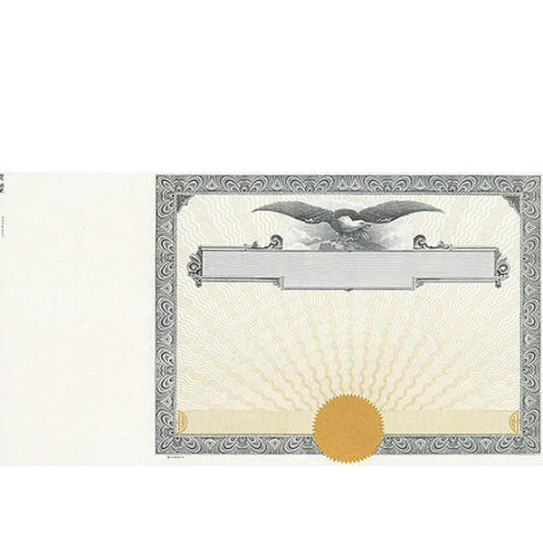 Distribute blank, long form stock certificates. Beautiful, paper color-printing contains absolutely no wording and a lithographed Eagle insignia.
