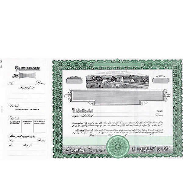 Beautiful, long form stock certificates represent claims on ownership for shareholders in the agricultural industry. Formalize stake in a farm or other agribusiness venture.