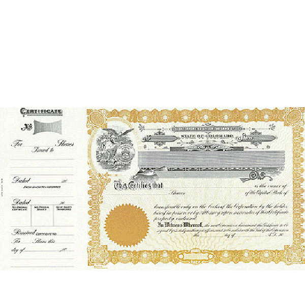 Incorporate in Colorado? Formalize each shared record your company sells. Order certificates online. We ship blank, paper templates for distribution. Beautifully lithographed, state specific series by Goes.