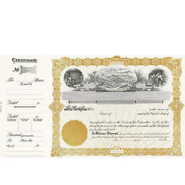 Beautiful, long form stock certificates represent claims on ownership for mining company shareholders.