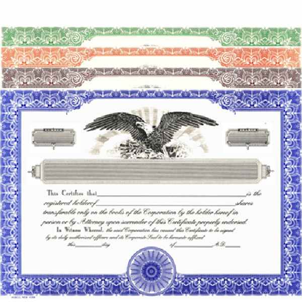 Blank Corporate Stock Certificates | HUBCO Standard [4 Color Options] (Pack  of 20)